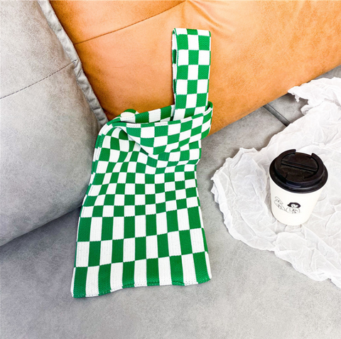 White and Green Checkered Tote Bag